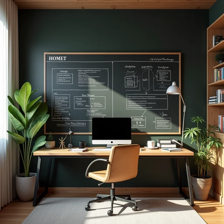 Escritório com parede lousa para gerenciamento de projetos.