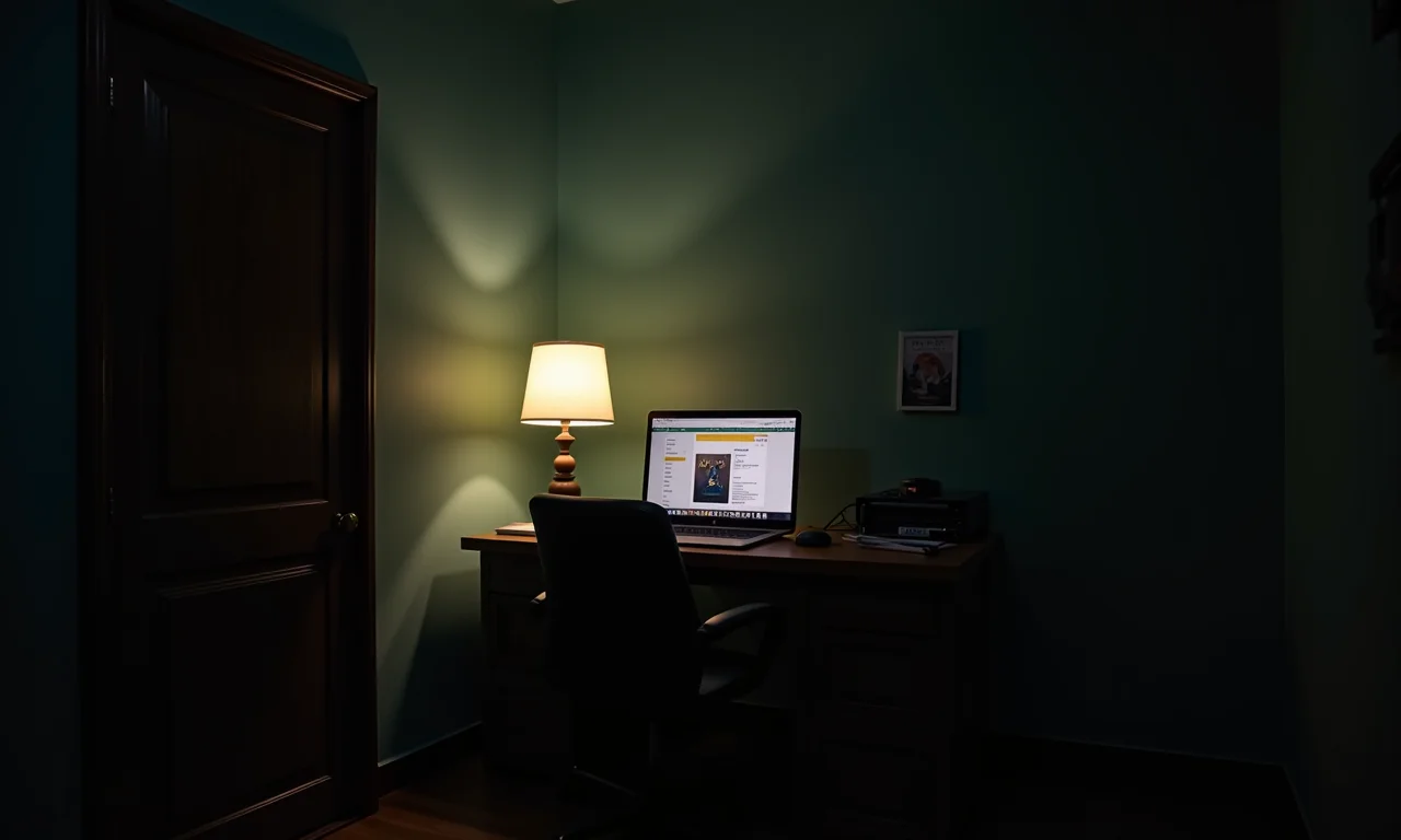 Escritório em casa brasileiro com iluminação inadequada causando cansaço visual.