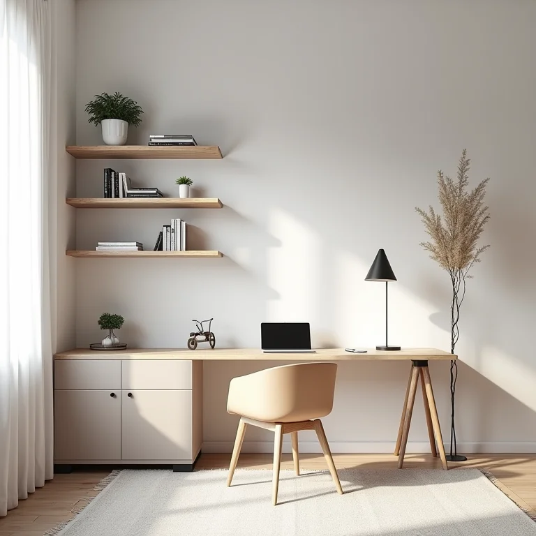 Escritório escandinavo organizado e minimalista.