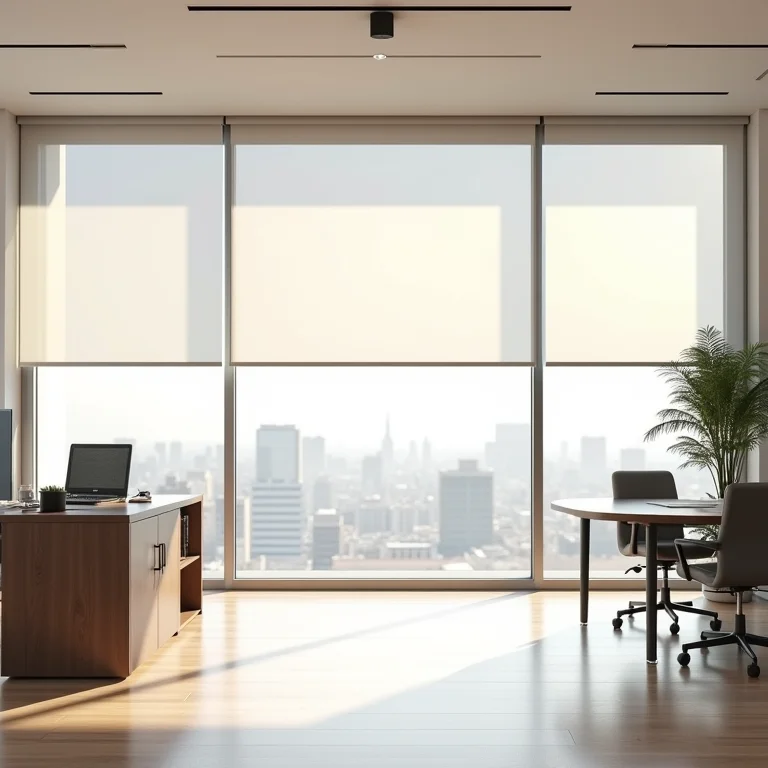 Escritório moderno com cortina rolô screen, proporcionando visibilidade e proteção solar.