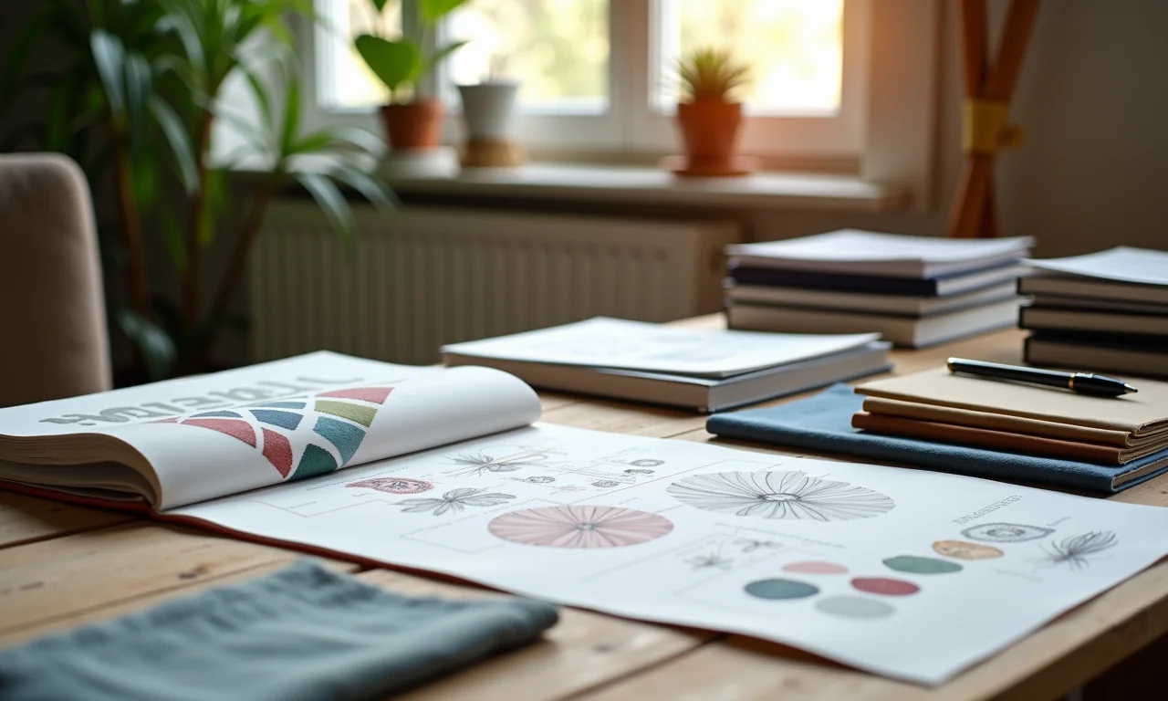 Espaço de trabalho de uma arquiteta com livros de design e amostras de tecido.