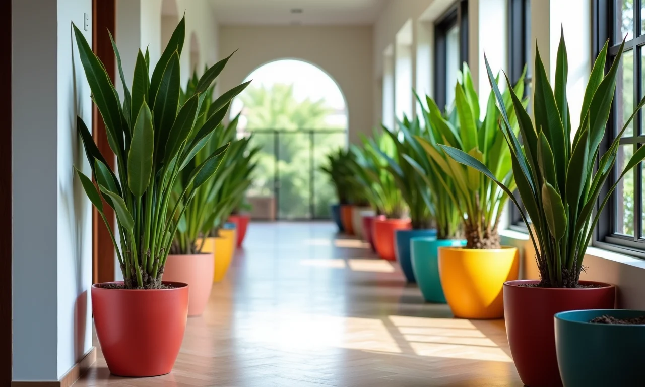 Espadas-de-São-Jorge em vasos coloridos alinhadas em corredor.