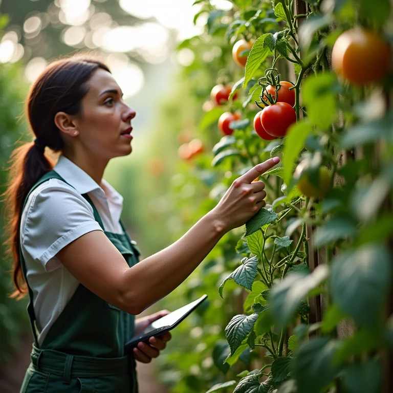Especialista mostrando planta de tomate na horta vertical