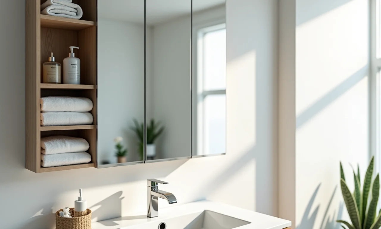Espelheira com armário embutido oferecendo organização discreta e elegante.