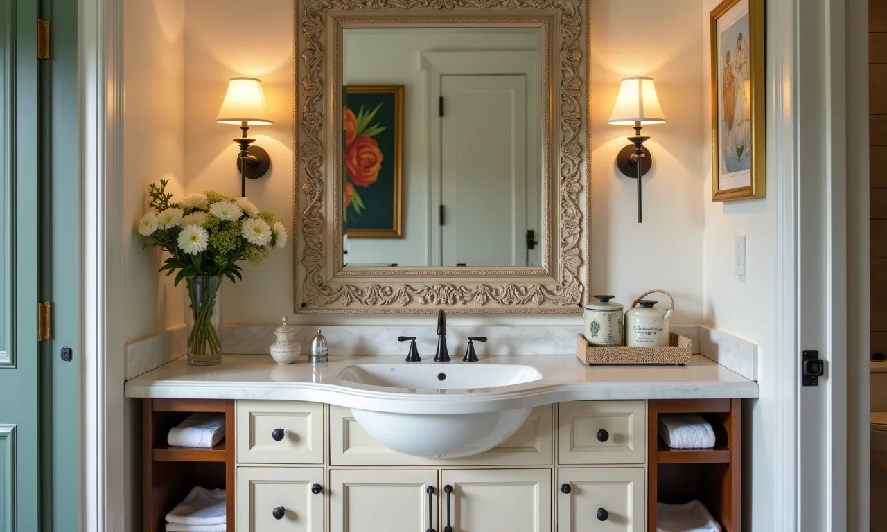 Espelheira com moldura decorativa adicionando personalidade ao banheiro.