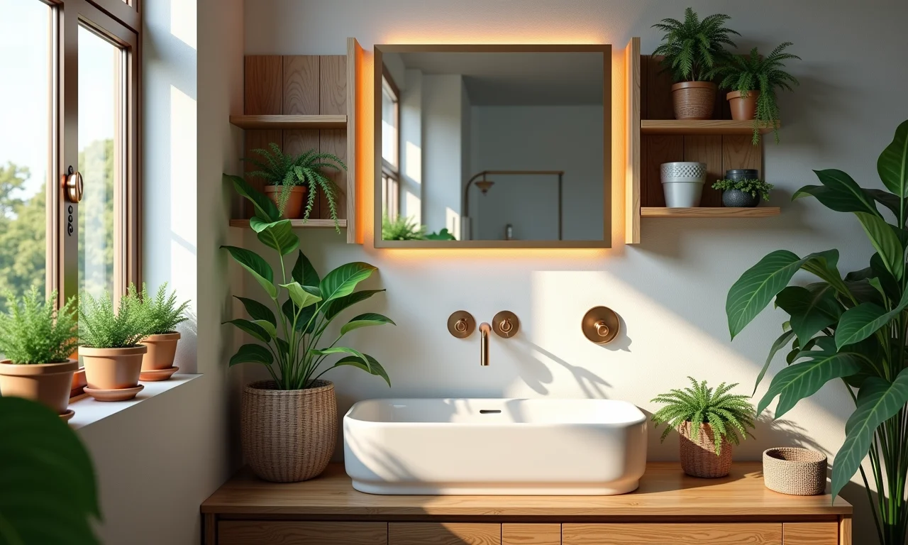 Espelheira com prateleiras externas exibindo plantas e objetos decorativos.