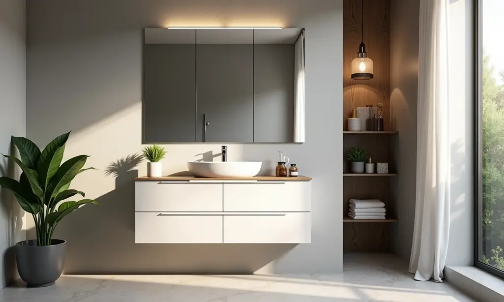 Espelheira moderna com armário em banheiro iluminado e minimalista.