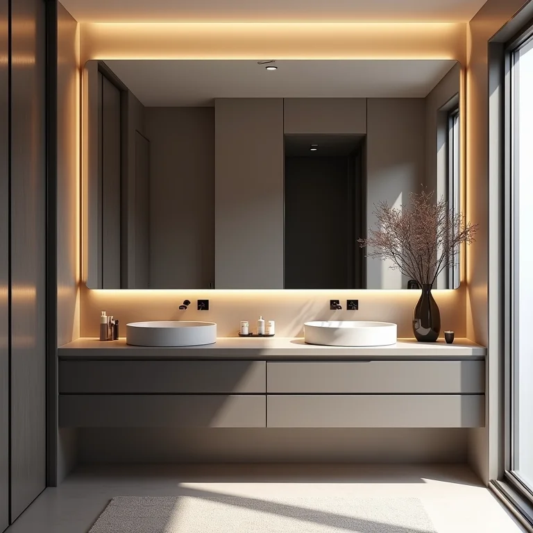 Espelho amplo em um banheiro masculino moderno