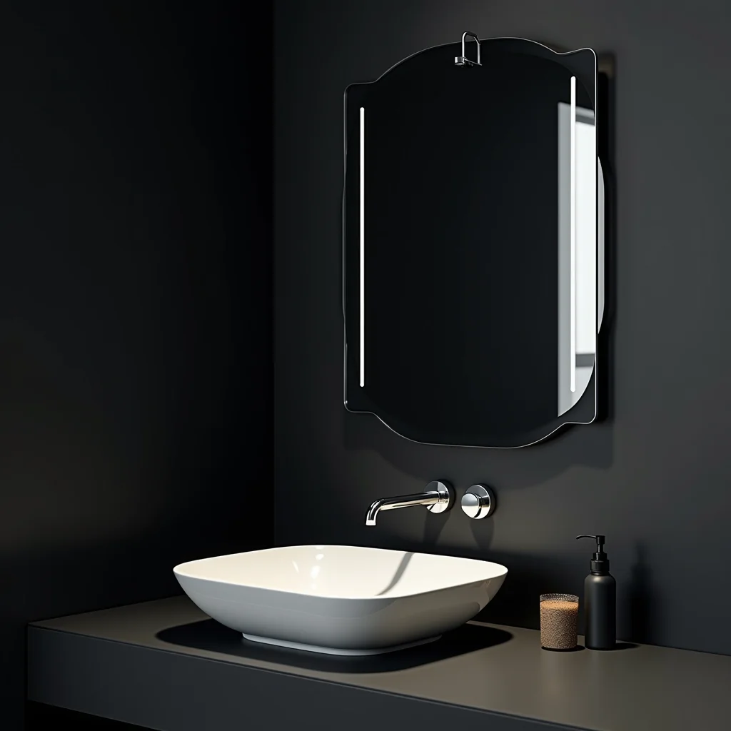 Espelho amplo refletindo a amplitude do banheiro minimalista preto.