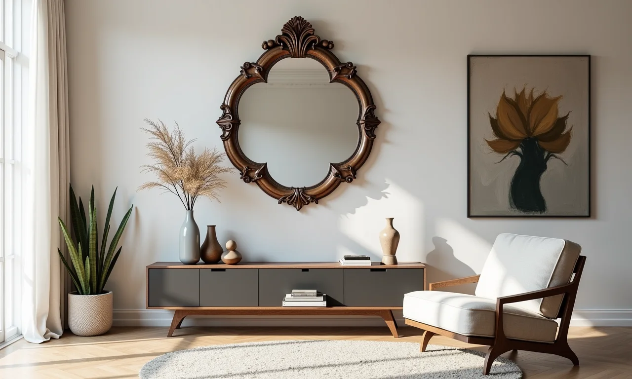 Espelho antigo como ponto focal em sala de estar com mesa moderna.
