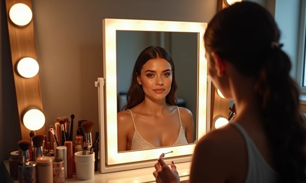 Espelho camarim com LED em sala de maquiagem iluminada.