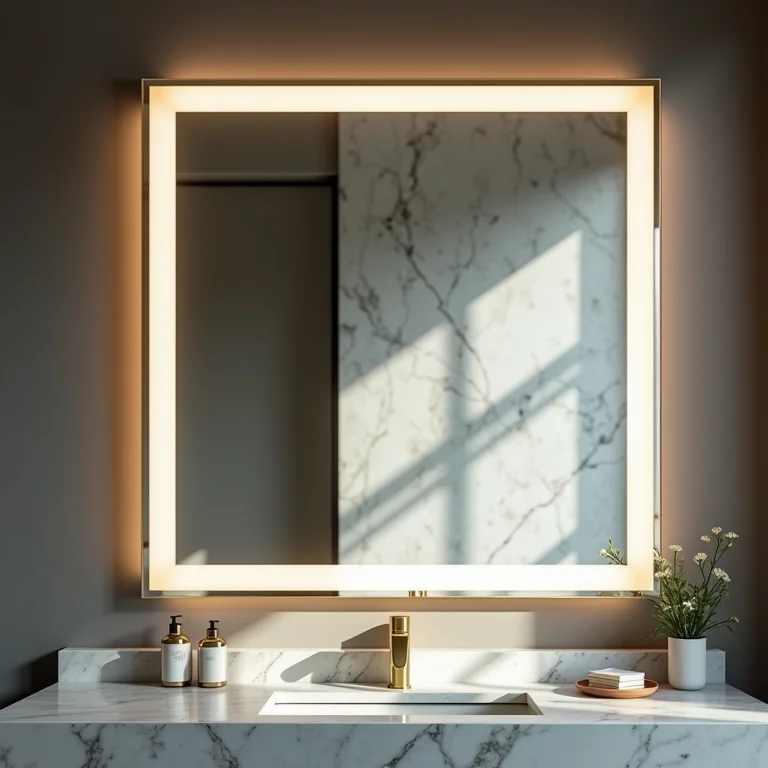 Espelho com iluminação integrada em um banheiro clássico.