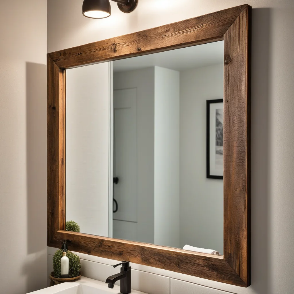 Espelho com moldura de madeira ampliando o espaço do banheiro rústico.