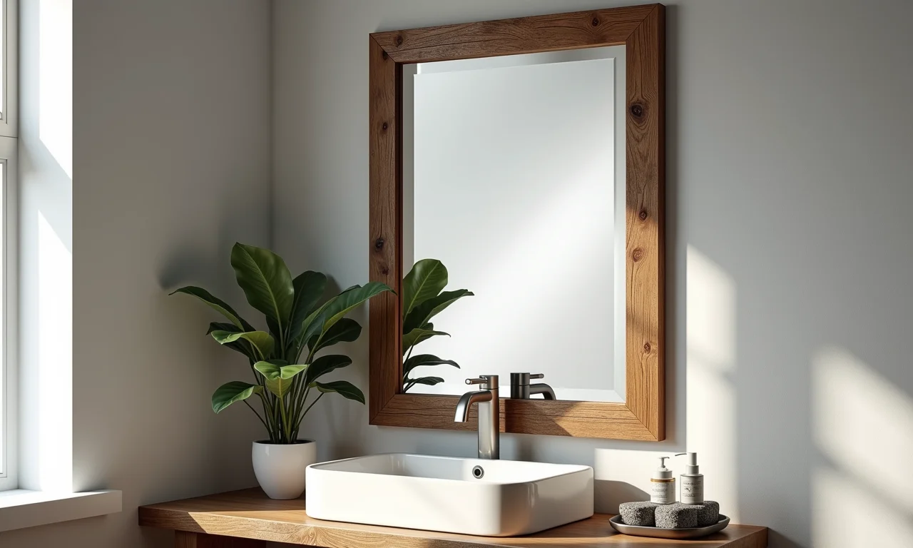 Espelho com moldura de madeira rústica em banheiro.