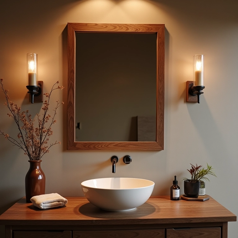 Espelho com moldura rústica em banheiro com cimento queimado.