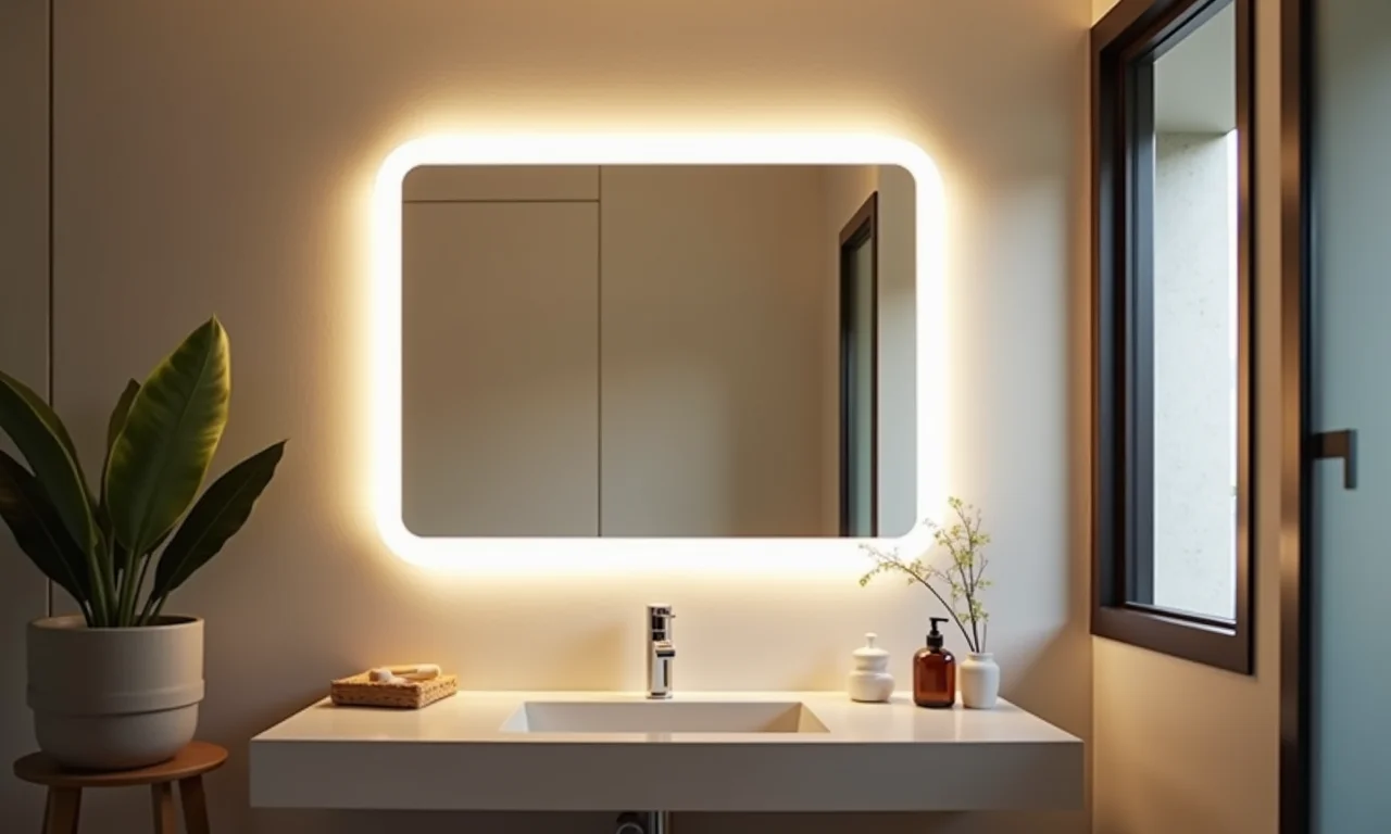 Espelho de banheiro bem iluminado com iluminação integrada.