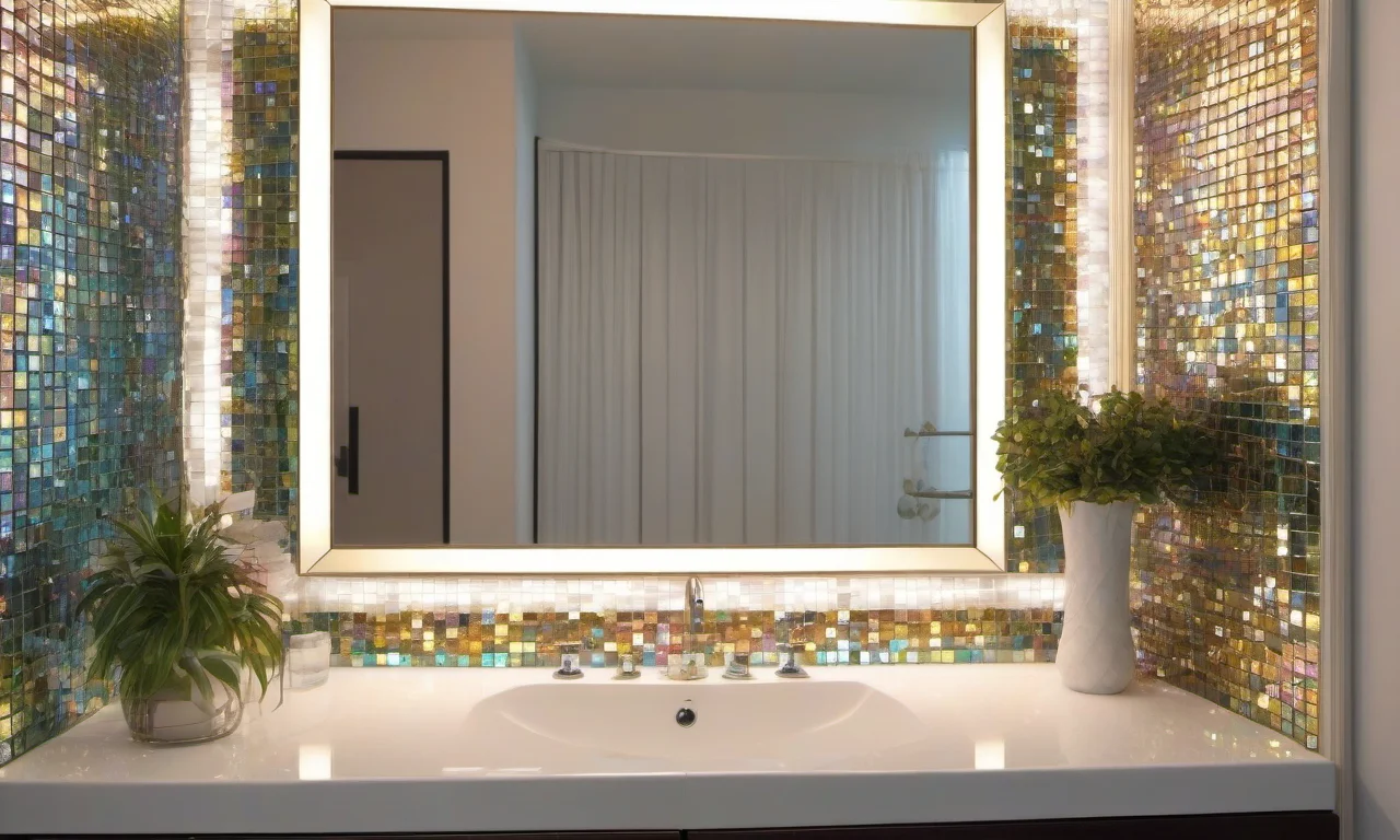 Espelho de banheiro emoldurado com pastilhas de vidro iridescentes.