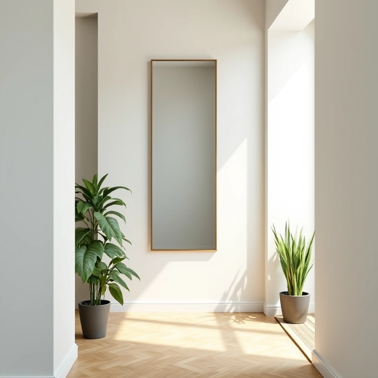 Espelho de corpo inteiro na parede de um corredor, ampliando visualmente o ambiente.