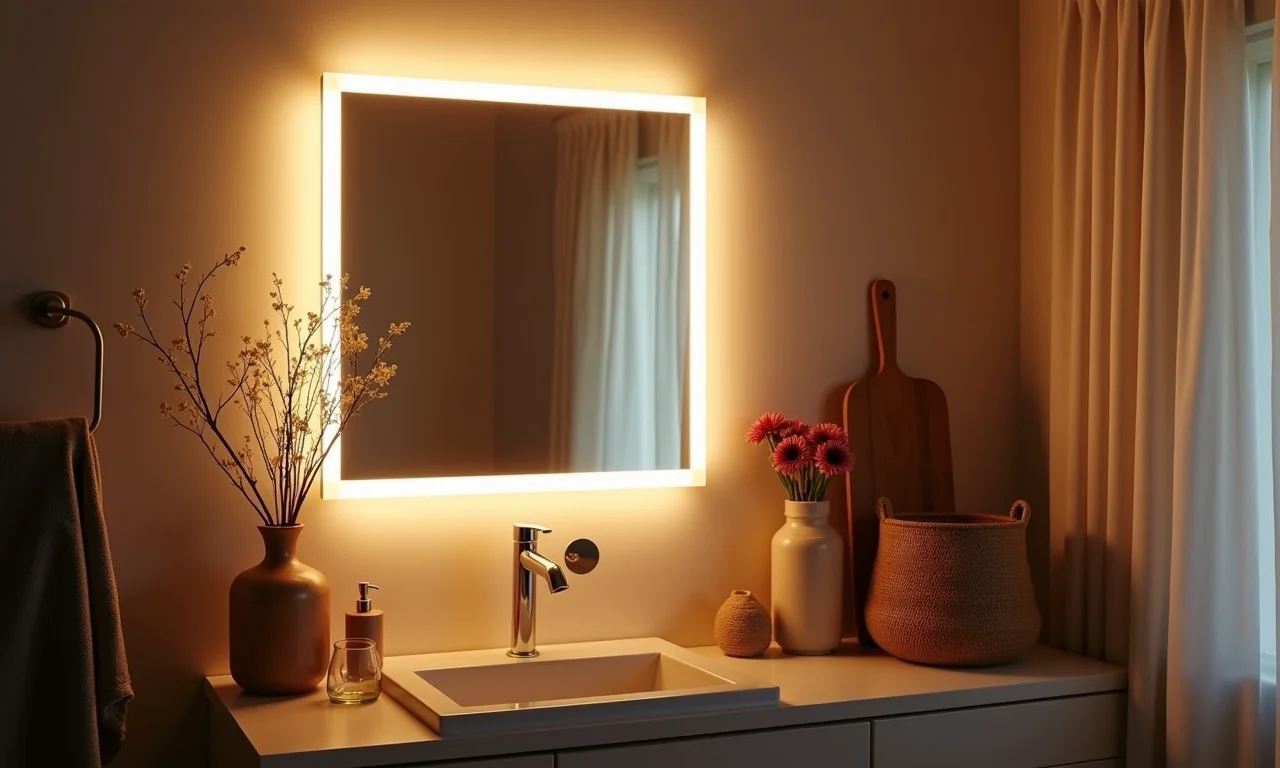 Espelho de LED com iluminação suave, representando economia e sustentabilidade.