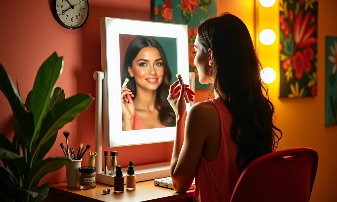 Espelho de mesa com LED em penteadeira com maquiagem.