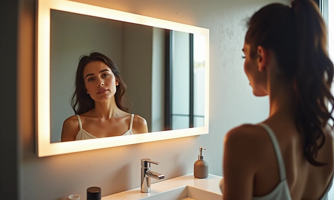 Espelho de parede com LED em banheiro moderno com design minimalista brasileiro.