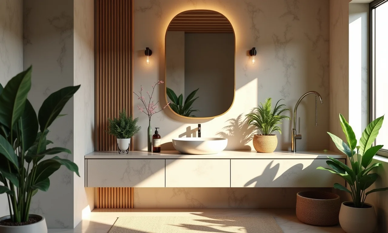 Espelho de tamanho ideal sobre a pia, harmonizando com o design do banheiro.