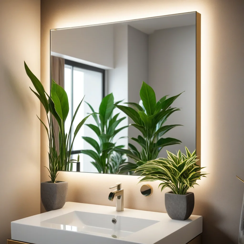 Espelho decorativo ampliando a luz em um lavabo bem decorado.