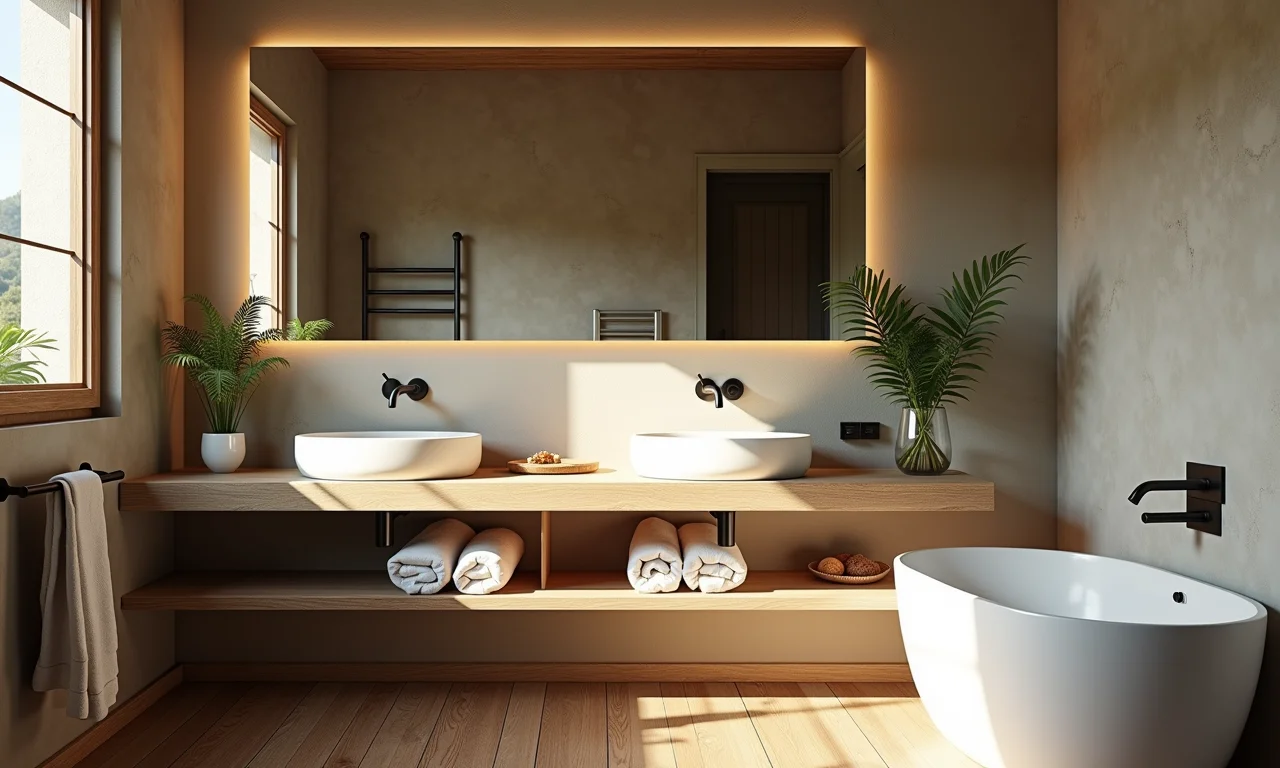 Espelho grande em banheiro pequeno, ampliando o espaço.