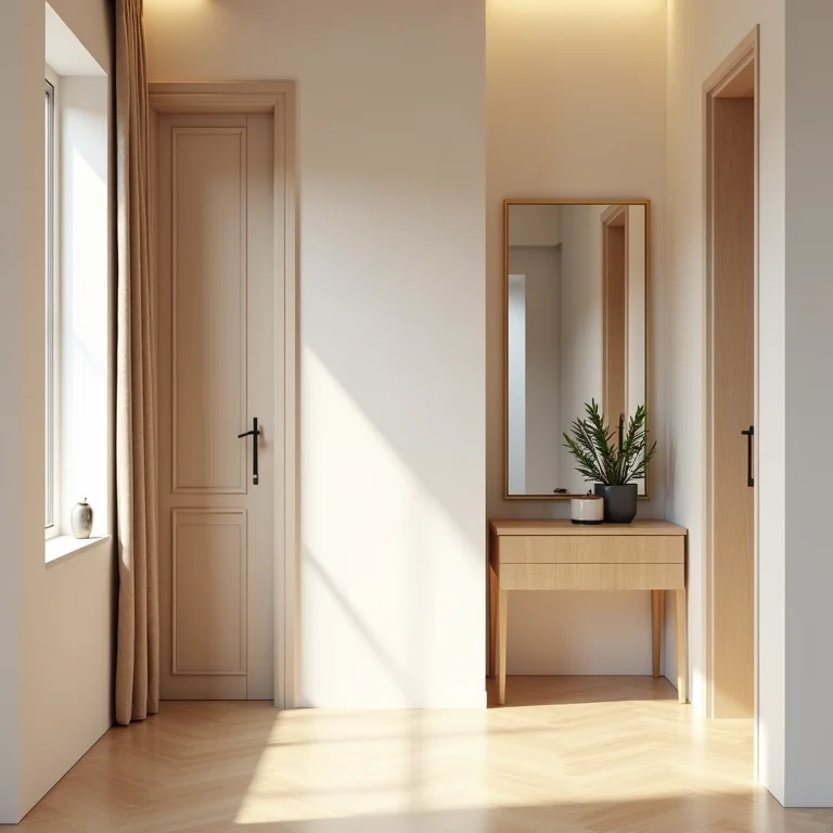 Espelho grande refletindo luz em corredor de apartamento pequeno