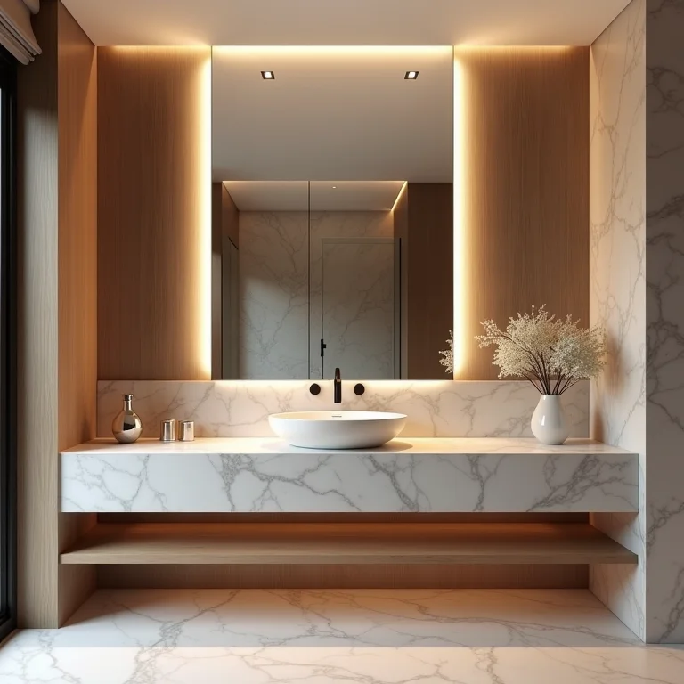 Espelho iluminado destacando bancada de banheiro luxuoso