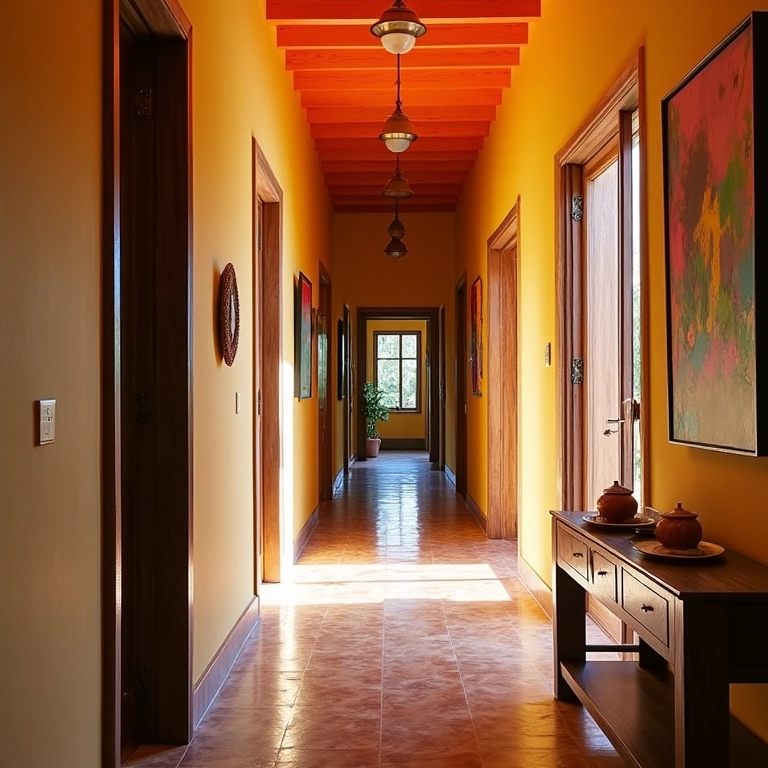 Espelho no fundo do corredor criando uma ilusão de profundidade.