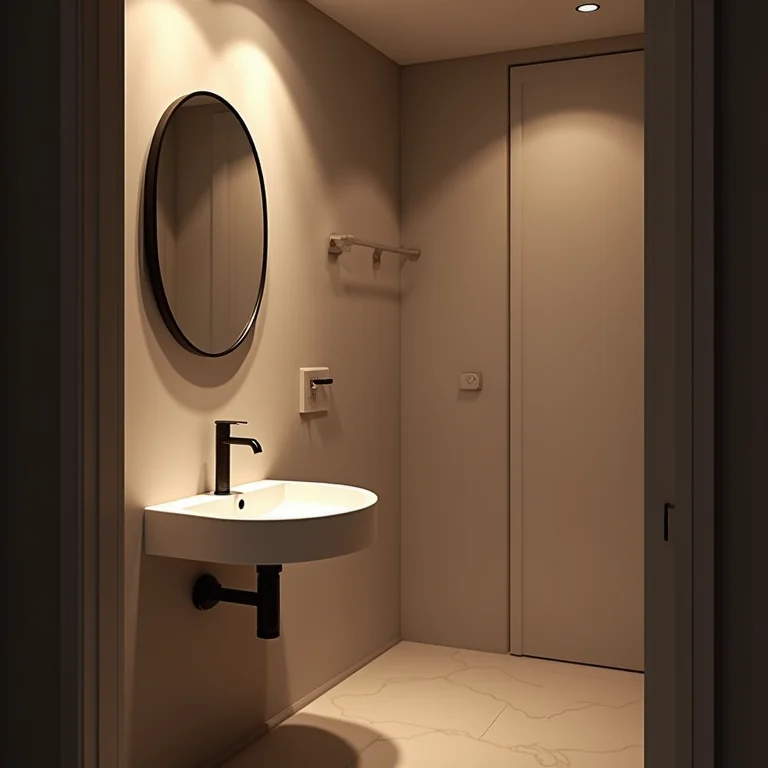 Espelho pequeno e mal posicionado em banheiro pequeno