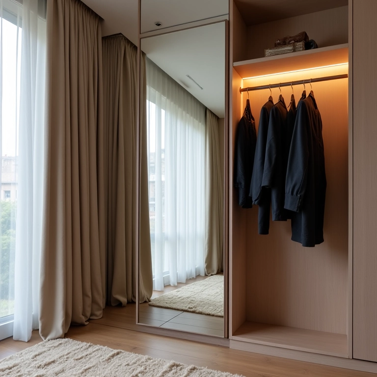 Espelho próximo a arara de roupas em quarto estiloso.