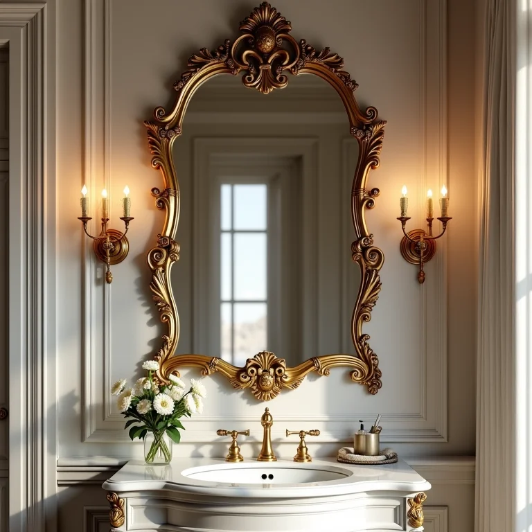 Espelho veneziano com moldura detalhada em banheiro clássico