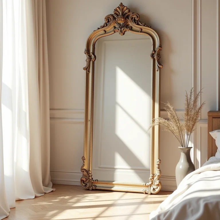 Espelho veneziano em quarto com atmosfera relaxante