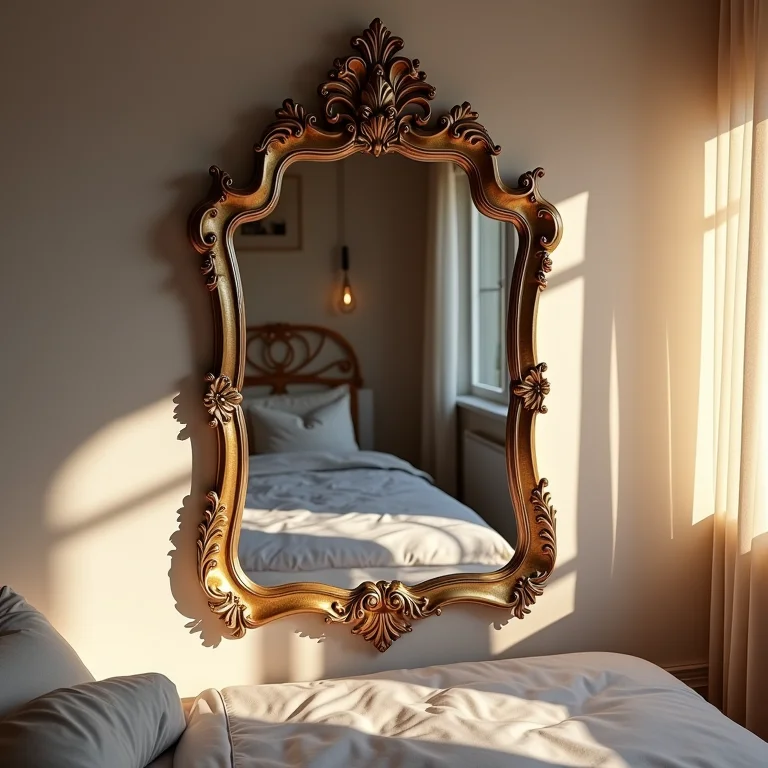Espelho veneziano em quarto com iluminação suave.