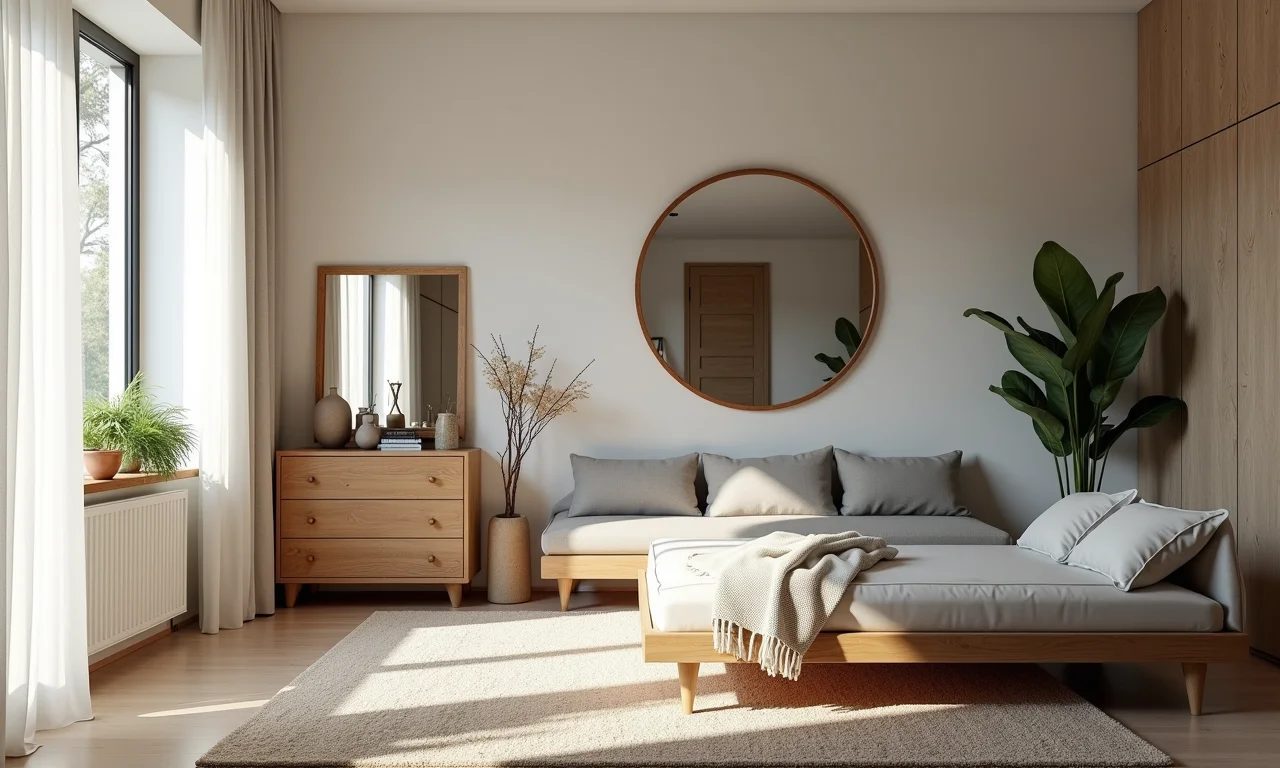 Espelhos ampliando espaço e refletindo a luz em um studio decorado com toques brasileiros.