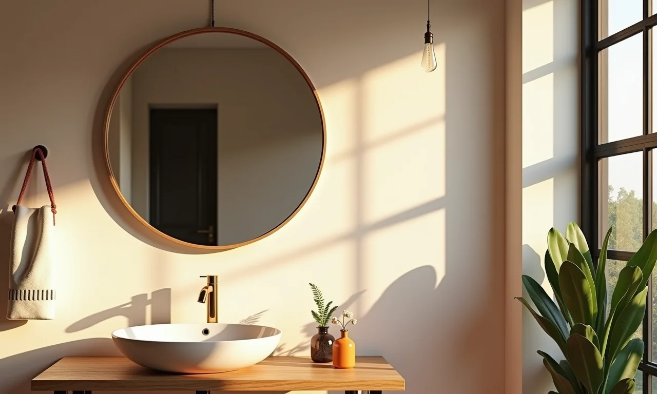 Espelhos de diferentes formatos (redondo, retangular, oval) em um banheiro estiloso.