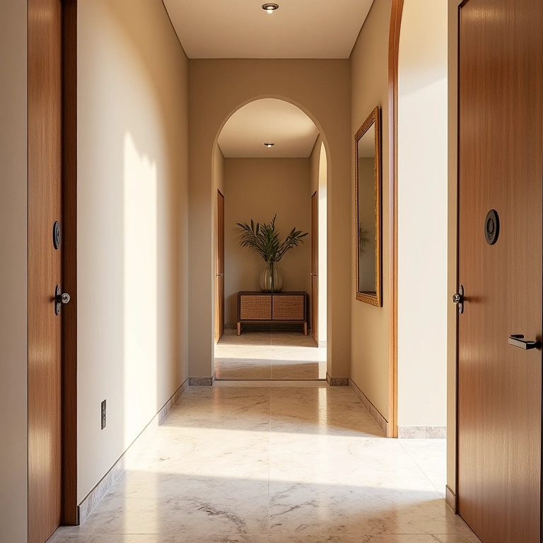 Espelhos e cores em harmonia na decoração de um corredor.