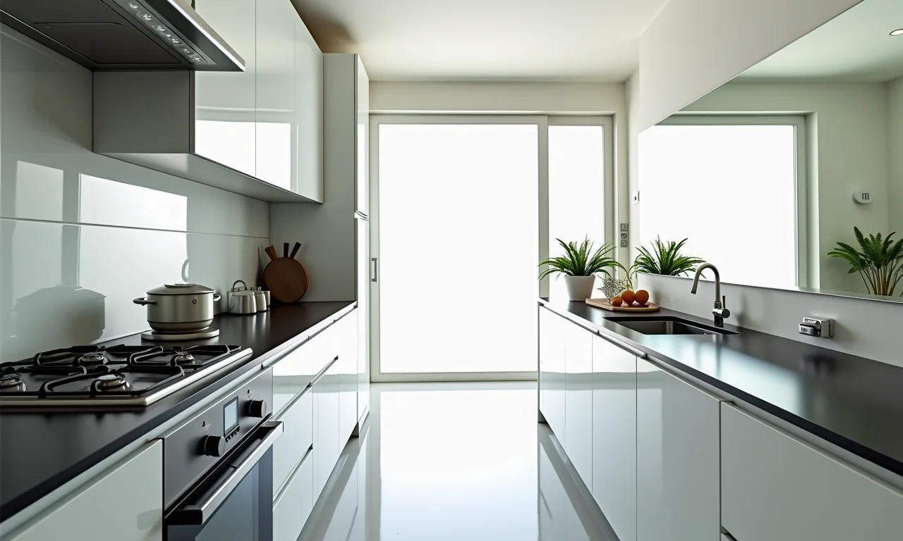 Espelhos em cozinha corredor para ampliar visualmente o espaço.