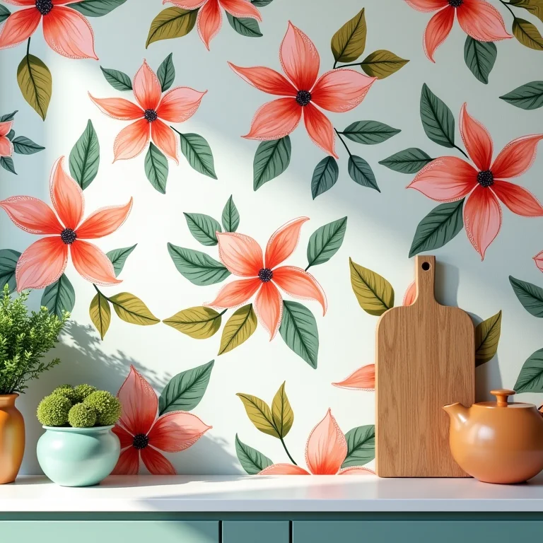 Estampa floral em papel de parede lavável para cozinha.