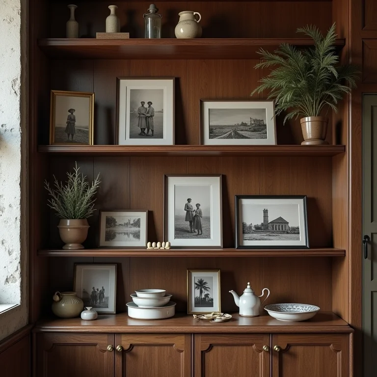 Estante de madeira com fotografias antigas e objetos de família