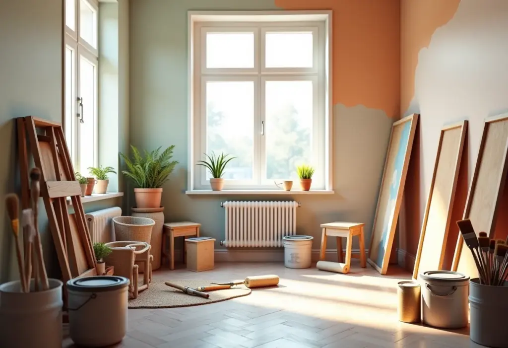 Pincel ou rolo de pintura: qual é o ideal para cada parede? Estúdio de pintura com ferramentas e materiais, iluminação suave