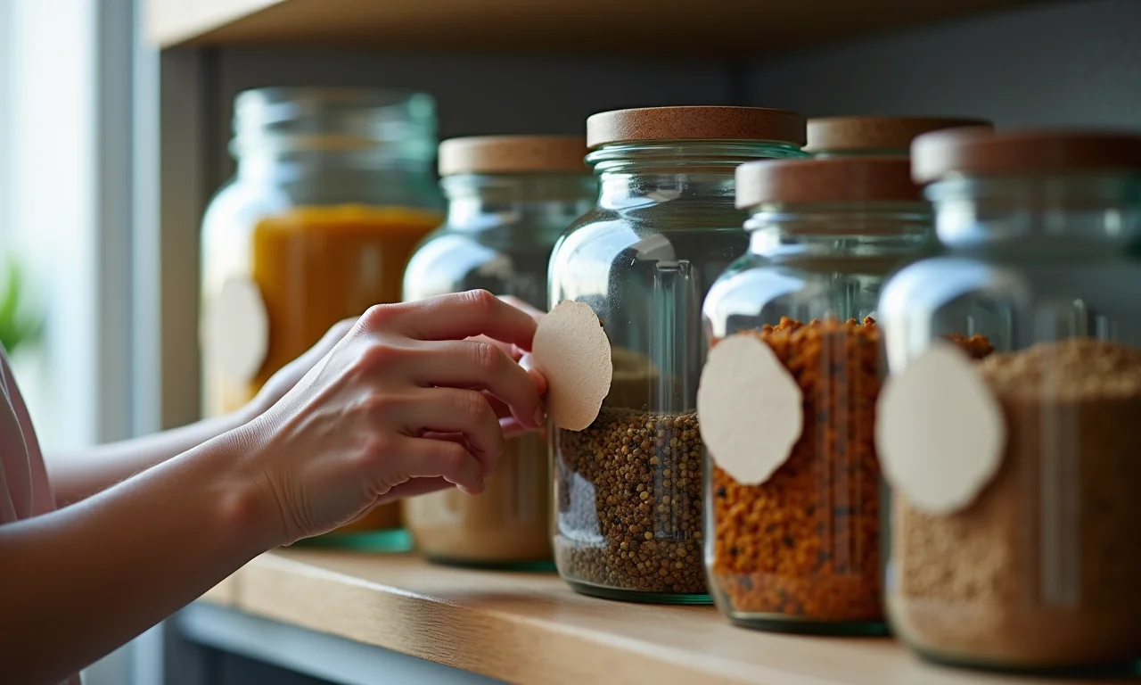 Etiquetando potes de vidro com etiquetas estilosas para fácil identificação.