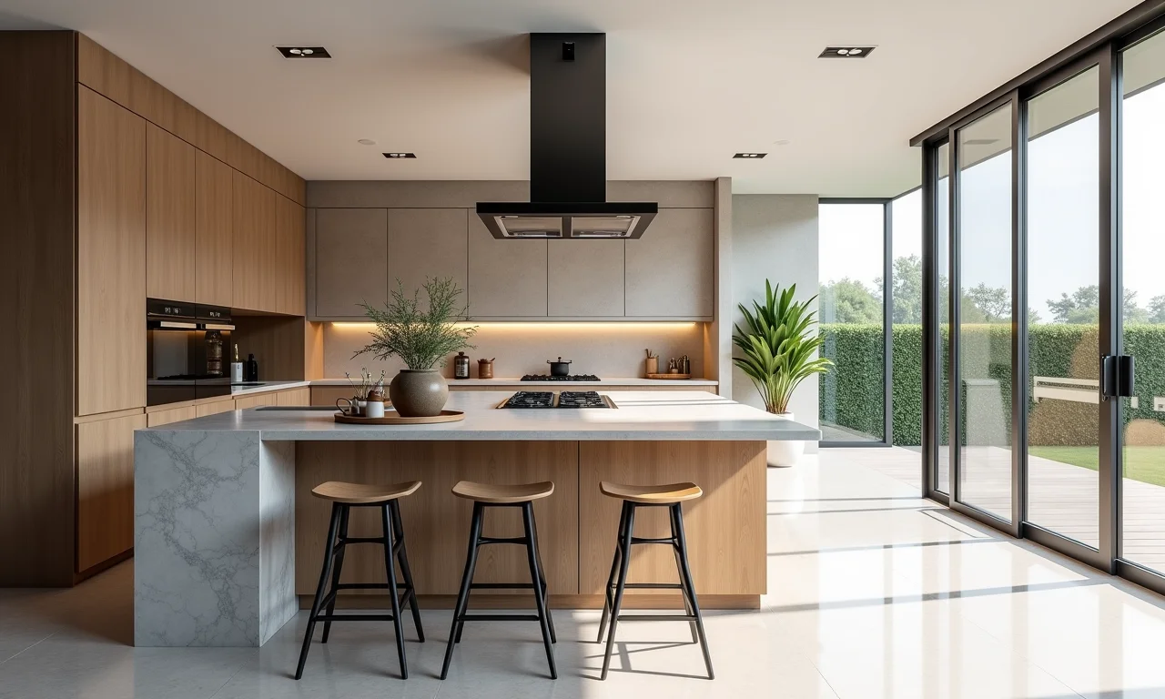 Exemplos de cozinhas com bancadas de granito e quartzo, mostrando diferentes estilos e aplicações.