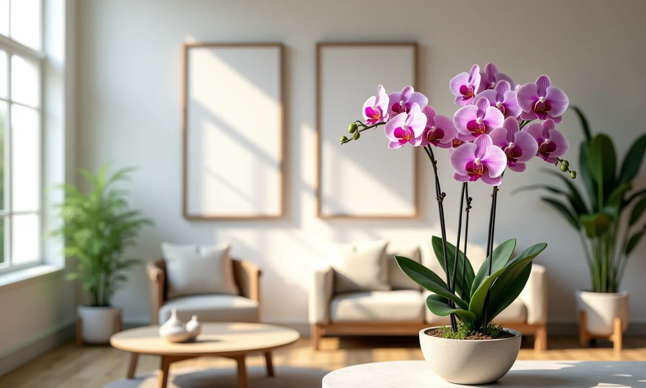 Exposição de orquídeas em sala de estar brasileira.