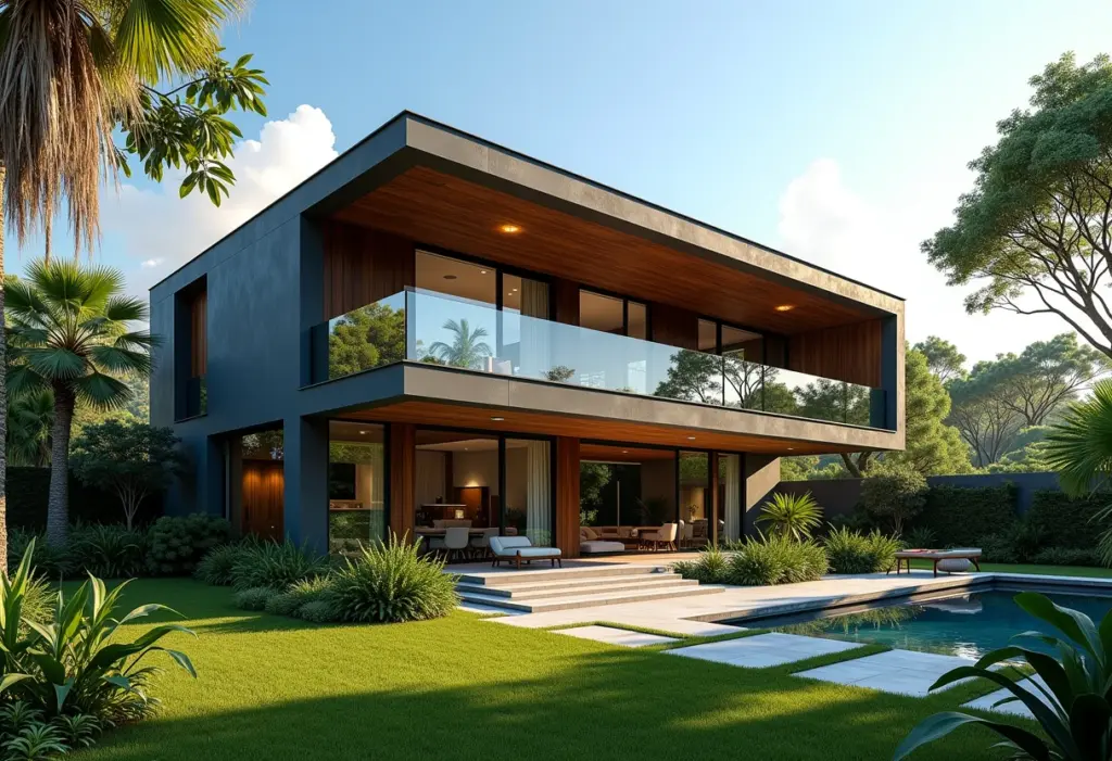 Isolamento térmico: Como manter a casa fresca sem ar-condicionado Fachada de casa brasileira com isolamento térmico e jardim vibrante.