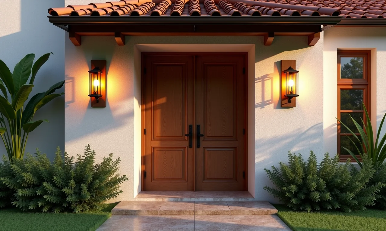 Fachada de casa em estilo brasileiro com arandelas rústicas.