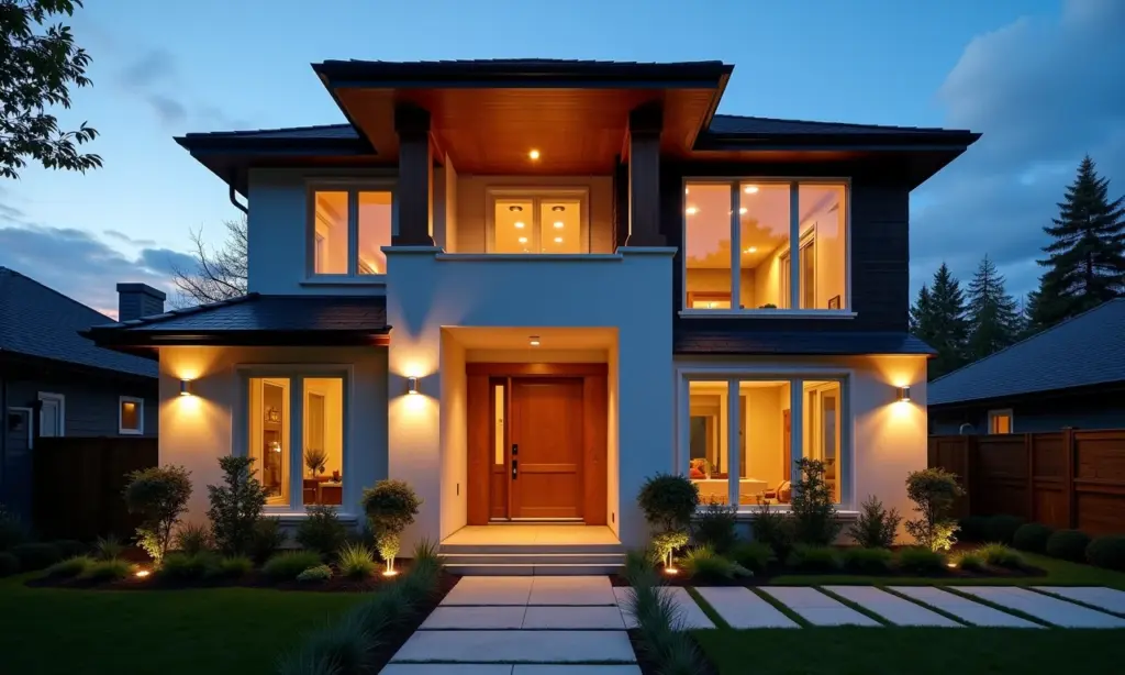 Fachada de casa moderna iluminada por arandelas externas ao entardecer.
