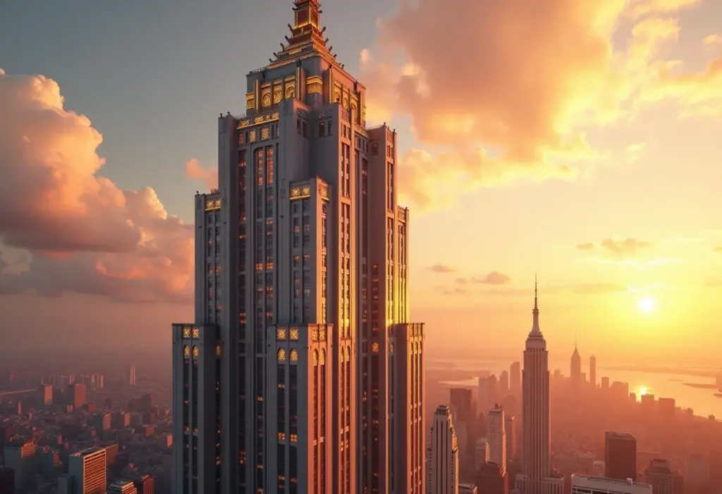 Arquitetura Art Déco: 7 Detalhes Incríveis que Você Precisa Ver Fachada de um arranha-céu Art Déco ao pôr do sol